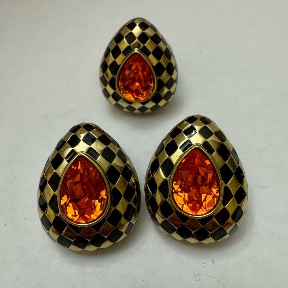 HEIDI DAUS Black Enamel Orange Crystal Drop Omega Back Earrings & Matching Ring